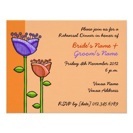 Fun Doodle Flowers orange purple Rehearsal Personalized Invite