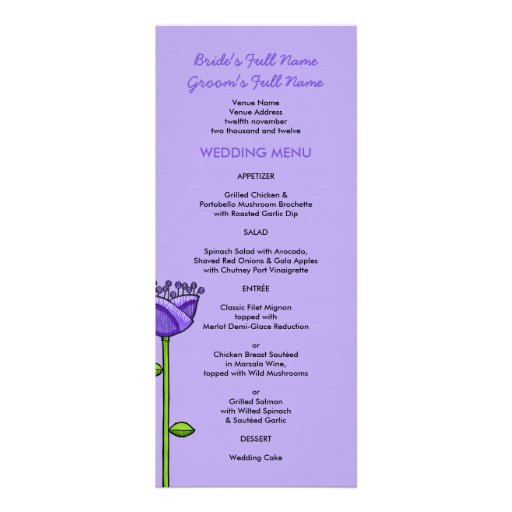 Fun Doodle Flowers purple orange Wedding Menu Personalized Announcement