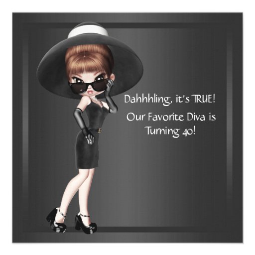 Fun Favorite Diva Womans Black 40th Birthday Party Personalized Announcements (front side)