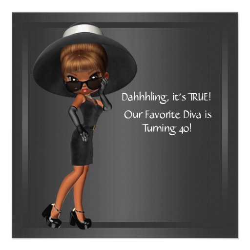 Fun Favorite Diva Womans Black 40th Birthday Party Custom Announcement (front side)