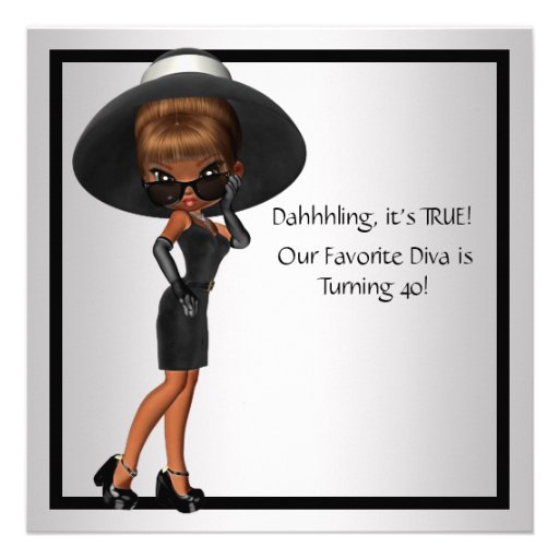 Fun Favorite Diva Womans Black 40th Birthday Party Invitations (front side)