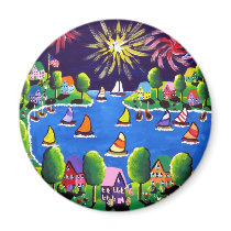 Fun Fireworks 4th Of July Folk Art Fridge Magnets