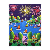 Fun Fireworks 4th Of July Folk Art Postcard