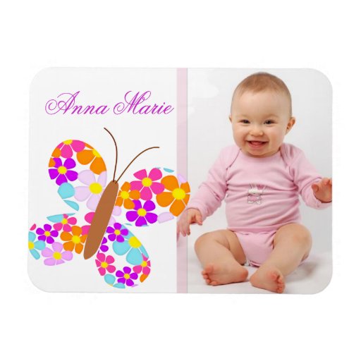 Fun "Flower Butterfly" Baby Announcement Rectangle Magnets