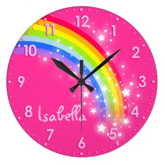 Personalized pink rainbow clock for girls.
