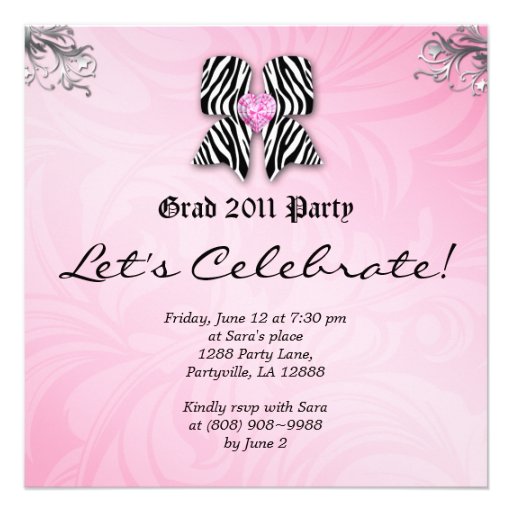 Fun Graduation Party Invite Zebra Bow Pink Silver