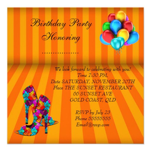 FUN High Heel Shoes Birthday Party Balloons 3 Personalized Invitation