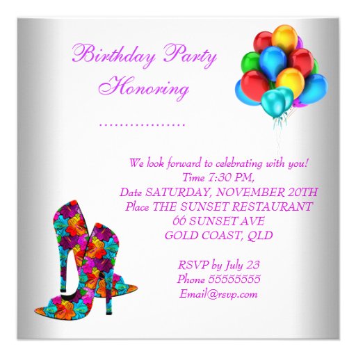 FUN High Heel Shoes Birthday Party Balloons Personalized Invitation