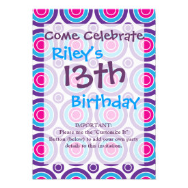 Fun Hot Pink Purple Teal Concentric Circles Design Custom Invitation