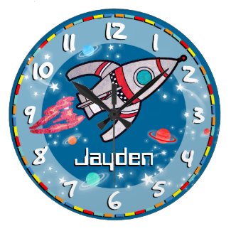 Fun kids boys rocket space blue aqua wall clock
