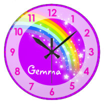 Fun kids girls rainbow name purple wall clock at Zazzle