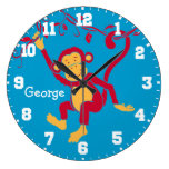 Fun kids name monkey red, blue & white wall clock