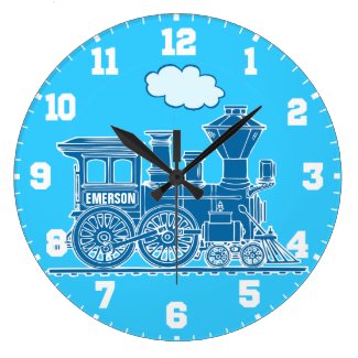 Fun kids name train blue and white wall clock