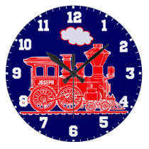 Fun kids name train red and navy blue wall clock at Zazzle