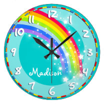 Fun kids rainbow name aqua wall clock at Zazzle