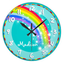 Fun kids rainbow name aqua wall clock