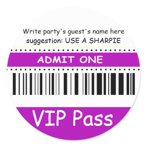 Fun Kids VIP Pass Admit One Birthday Party purple Sticker | Zazzle