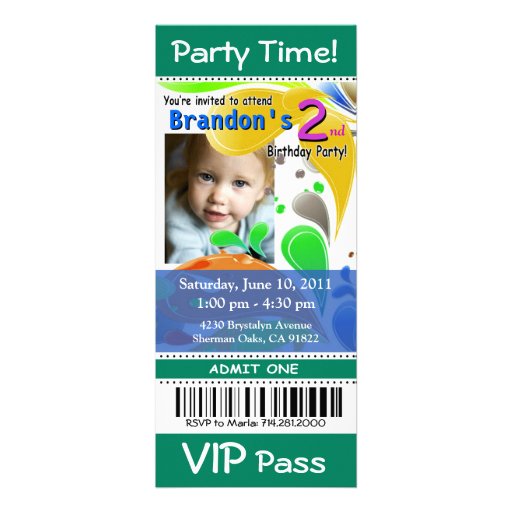 Fun Kids VIP Pass Event Ticket Photo Party (jade) 4" X 9.25" Invitation ...