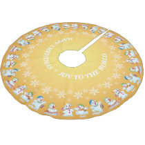 Fun Loving Snowmen and Snowflakes Gold Brushed Polyester Tree Skirt