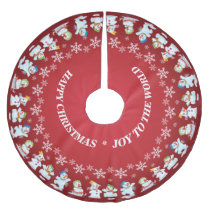 Fun Loving Snowmen and Snowflakes Red Brushed Polyester Tree Skirt