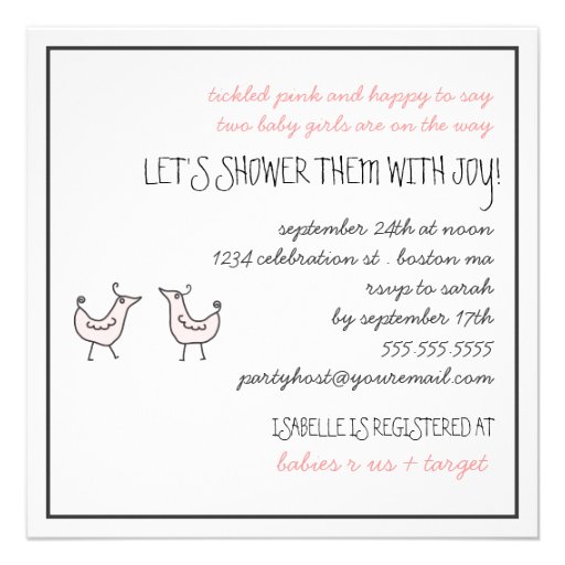 Fun Modern Birds Twin Baby Girl Shower Invitation