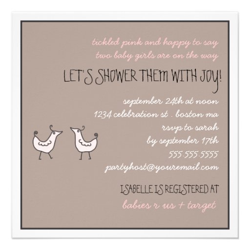 Fun Modern Birds Twin Baby Girl Shower Invitation
