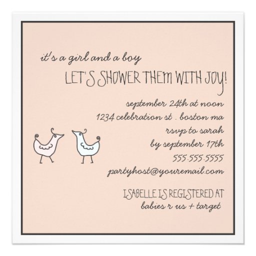 Fun Modern Birds Twin Baby Shower Invitation