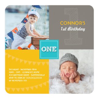 Fun Modern Squares ONE Photo Baby Boy 1st Birthday 5.25x5.25 Square Paper Invitation Card