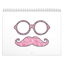 FUN MUSTACHE AND GLASSES, PRINTED PINK GLITTER WALL CALENDAR
