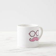 FUN MUSTACHE AND GLASSES, PRINTED PINK GLITTER ESPRESSO MUG