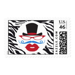 Fun Mustache and Lips with Top Hat on Zebra Print Stamps