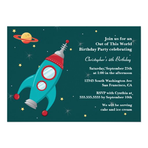Fun outer space rocket birthday party invitation