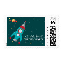 Fun outer space rocket birthday party stamps