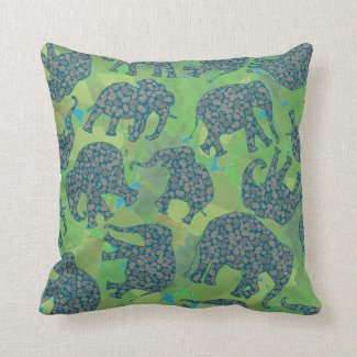 Fun Paisley Elephants, Jungle Green Leaves Pillow