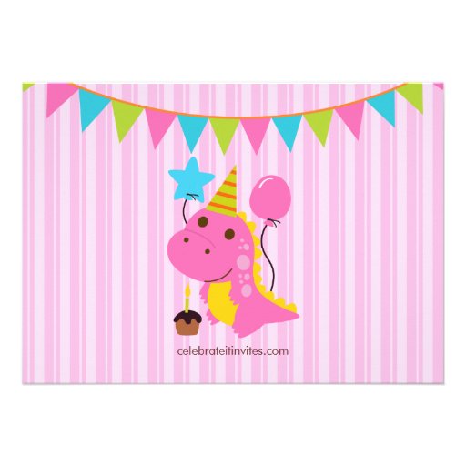 Fun Pink Dinosaurs Birthday Party Invitation