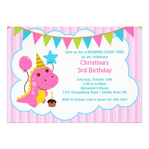 Fun Pink Dinosaurs Birthday Party Invitation (front side)