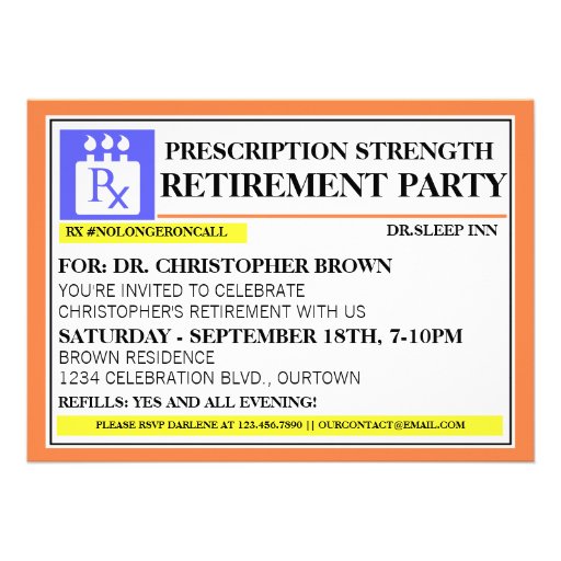 Fun Prescription Label Retirement Invitations 5 X 7 Invitation Card