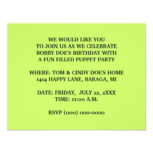 FUN PUPPET PARTY THEME BIRTHDAY INVITE INVITATION