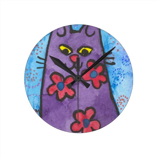 Fun Purple Flowered Cat Round Wall Clocks