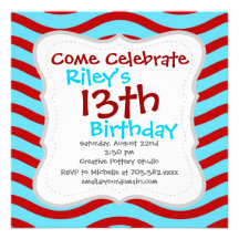 Fun Red Teal Turquoise Wavy Lines Stripes Pattern Personalized Invitation