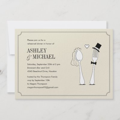 These fun rehearsal dinner invitations feature a spoon and fork joined in