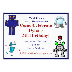 Fun Robots Birthday Party Invitations Blue