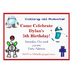 Fun Robots Birthday Party Invitations Red