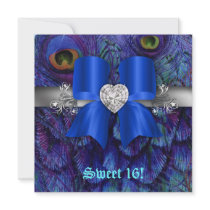 Fun Sweet 16 Party Invite Peacock Bow Blue Silver