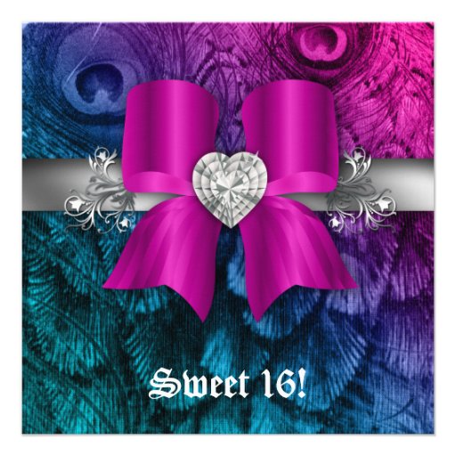 Fun Sweet 16 Party Invite Peacock Bow Pink Silver