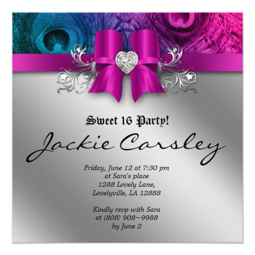 Fun Sweet 16 Party Invite Peacock Bow Pink Silver
