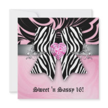 Fun Sweet 16 Party Invite Zebra Bow Pink Silver