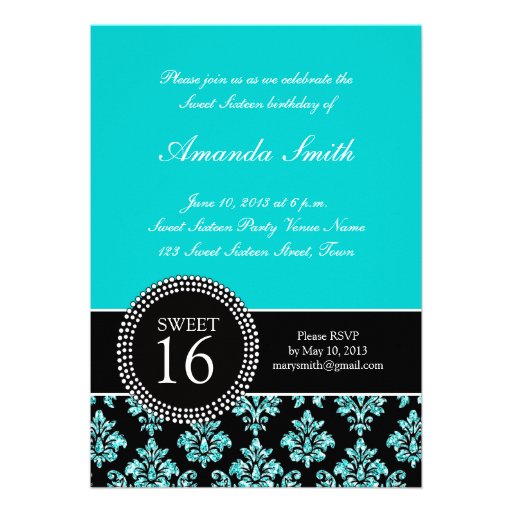 FUN SWEET SIXTEEN, TEAL GLITTER,  DAMASK CUSTOM INVITE