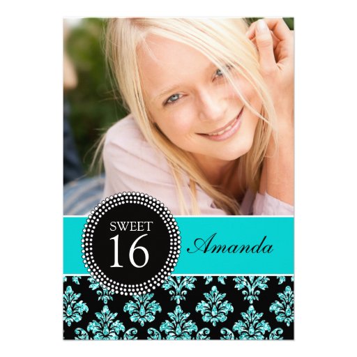 FUN SWEET SIXTEEN, TEAL GLITTER,  DAMASK CUSTOM INVITE