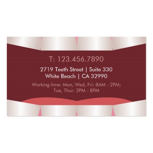 Fun Teeth Open Mouth Modern Dentist Business Card (back side)